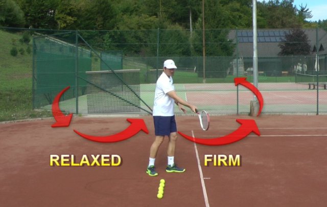 relaxed to firm tennis stroke